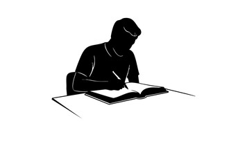 Student sketching with pen and paper on table.