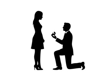 Romantic Proposal silhouette showing a man on one knee offering a ring to a woman