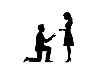 Silhouette of a man proposing to a woman with a ring, on a blank surface.
