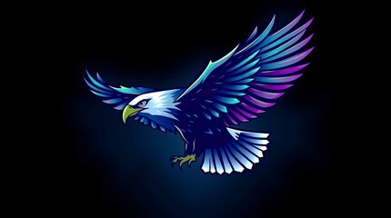 Design inspired by intense dramatic lighting and cool colors, featuring a majestic eagle in flight with blues, greens, and purples