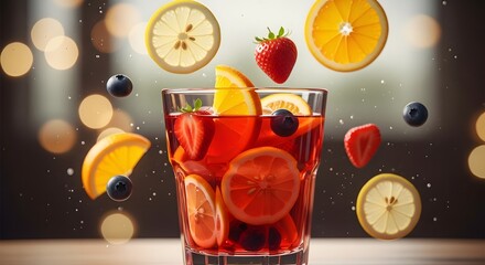 Refreshing summer cocktail with vibrant fruits like strawberries, oranges, and lemons, set against a blurred background with soft bokeh lights