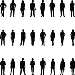 Silhouettes of people standing, men and women figures, human body outline, group illustration, black vector shapes, diverse poses design