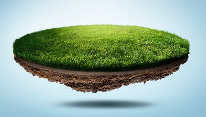 a circular piece of terrain levitating covered in vibrant green grass exposed earth layers beneath