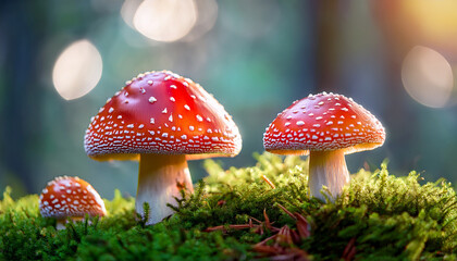 Mushrooms On Green Moss Two Vibrant Red Mushrooms With White Spots Emerge From Lush Green Moss Under Soft Natural Light In A Serene Environment