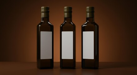 Silhouetted Olive Oil Bottles: Crisp Blank Labels and Gentle Reflections