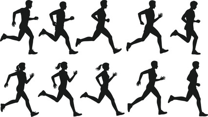 Silhouettes of runners, men and women jogging, fitness athletes, running poses illustration, sports activity vector, marathon training design elements