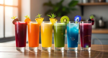 Colorful array of refreshing fruit juices in tall glasses on a wooden table in a bright kitchen