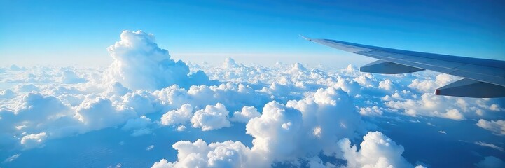 Fototapeta premium A breathtaking view of fluffy clouds and expansive blue sky seen from an airplane window Perfect for travel, aviation, and nature themes , stratus, window