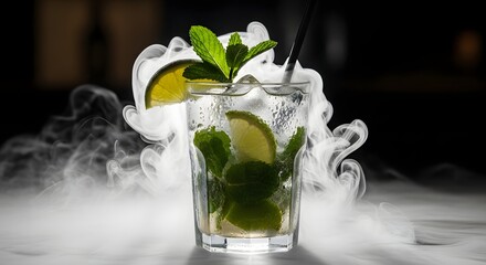 Refreshing mojito cocktail garnished with mint and lime, surrounded by mist in a dimly lit bar