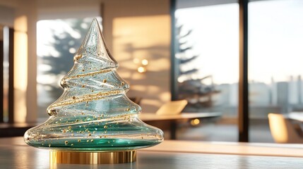 A minimalist yet luxurious holiday scene featuring a stunning abstract Christmas tree carved from translucent green glass and adorned with delicate white and gold accents.