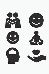 Collection of black silhouette icons representing positive emotions and well being including friendship happiness meditation mental health and love isolated on white background