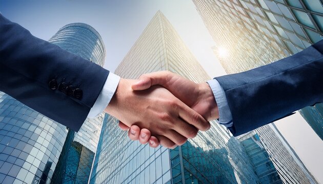 business handshake in front of modern building