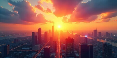 Obraz premium A bright sunrise over a cityscape, symbolizing hope, progress, and a promising future The vibrant colors evoke optimism and the potential for positive growth and development , thriving, sunrise
