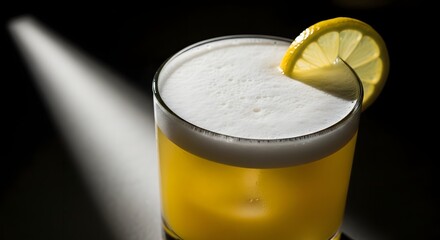 Refreshing glass of lemon beer with frothy head illuminated by soft light on a dark background