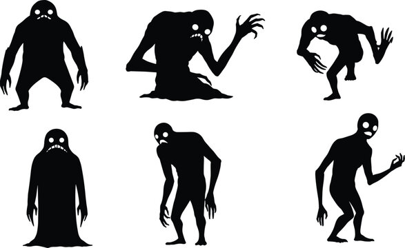 Creepy shadow monster silhouettes, scary creature designs with glowing eyes, horror fantasy character concept art, spooky nightmare beings for Halloween and dark themes