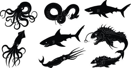 Deep sea creature silhouettes, giant squid, shark, octopus, anglerfish, sea serpent, underwater monster, scary ocean animals, abyss predators, fantasy marine illustration, black design