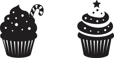 Cupcake silhouette illustration, candy cane decoration, star topping, swirled frosting, festive dessert art, black icon, sweet treat, minimal design