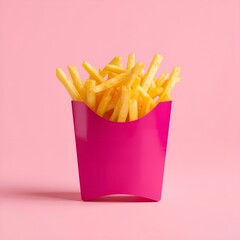 Gold French Fries in Pink Carton on Pink Background