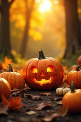 A cheerful jack-o-lantern sits amidst a bountiful harvest of pumpkins, gourds, and corn stalks, bathed in autumn sunlight Perfect for Halloween and Thanksgiving themes , holiday, vegetable