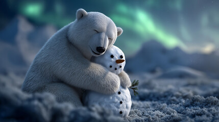 A sweet anthropomorphic polar bear hugs a snowman friend melting it slightly with warmth an icy tundra with frosted hills and aurora lights in the background a heartwarming