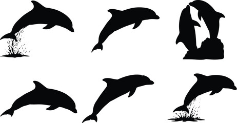 Obraz premium Dolphin silhouette vector illustration, jumping dolphins artwork, marine mammal design, ocean wildlife graphic, aquatic sea creature drawing, underwater animal icon, nature inspired art