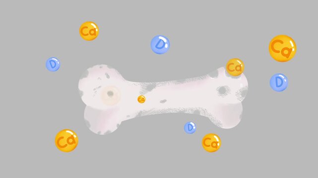 Educational cartoon video showing damaged bone restored by calcium and vitamin D supplements with floating symbols