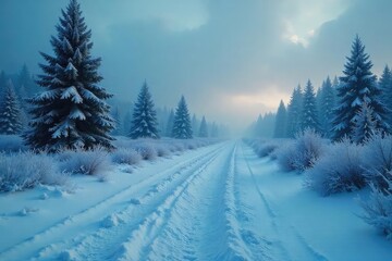 Obraz premium A chilling winter scene with frost covering everything, creating a stark and scary atmosphere The icy landscape evokes a sense of isolation and unease , chill, scary landscape, creepy
