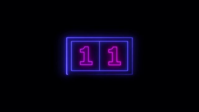 Glowing neon scoreboard and game result display icon animation. Neon purple scoreboard icon displaying 1:3 score on block background. 