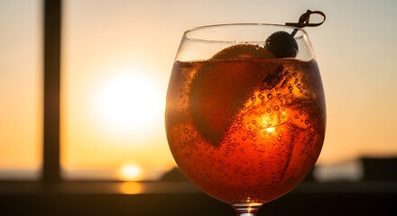 Refreshing cocktail with citrus garnish in a glass, illuminated by the sunset at a beach bar
