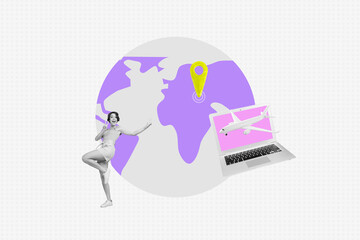 Full artwork image poster 3d banner collage of happy girl stand earth geolocation airplane travel laptop booking adventure