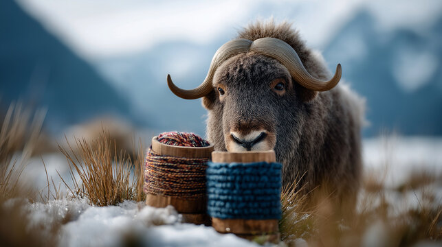 A tender anthropomorphic musk ox knits wool scarves for friends with colorful yarn huddling with a herd in a snowy prairie with frosted grass and distant mountains a winter