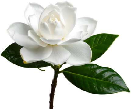 An exquisite single gardenia flower in full bloom, featuring lush, white petals, a dark stem, and glossy green leaves, isolated on a light gray background.