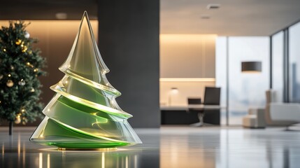 A minimalist yet luxurious holiday scene featuring a stunning abstract Christmas tree carved from translucent green glass and adorned with delicate white and gold accents.