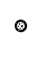 Simple black and white vector illustration of a cratered moon or planet surrounded by stars. Minimalist celestial icon for astronomy or science concepts
