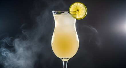 Refreshing tropical cocktail with lime garnish served in a tall glass, surrounded by misty atmosphere