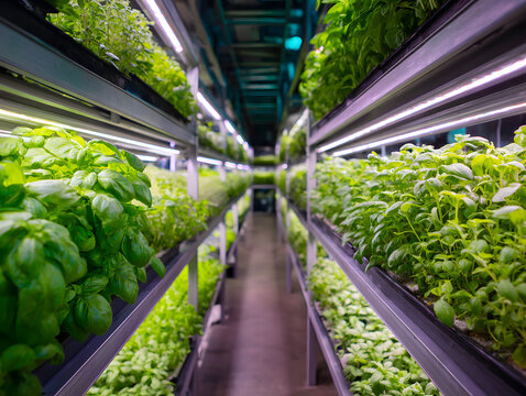 Indoor vertical farm with lush green basil and leafy vegetables growing under bright LED lights, modern hydroponic agriculture technology, fresh and healthy produce, sustainable urban farming