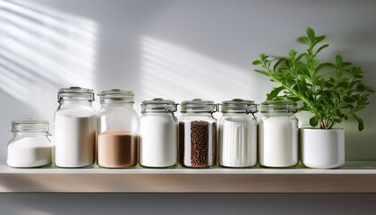 a clean kitchen shelf displays glass jars filled with various white powders and a small potted plant adding a touch of greenery to the space