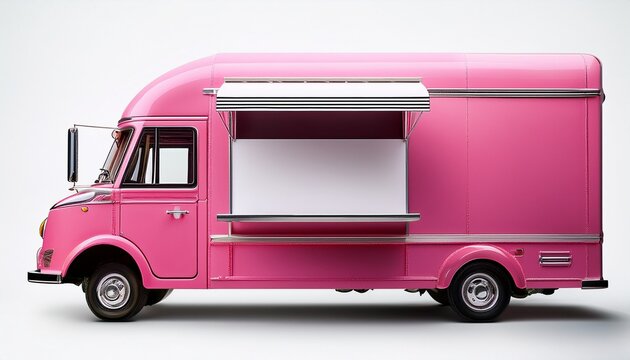 pink food truck with a large blank white panel for mockup branding on a white background for food business sites catering service promotions or street food festival ads
