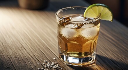Refreshing cocktail with lime garnish on a wooden table, surrounded by ice and salt, perfect for summer gatherings