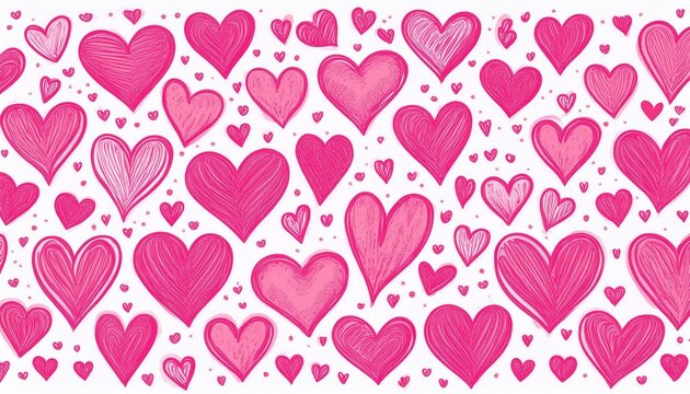 hand drawn heart pattern with pink sketchy hearts on white background