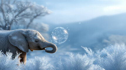 A tender anthropomorphic elephant trumpets carols with a herd circled in a snowy savanna with frosted trees and distant hills a winter plain with magical bubble notes an