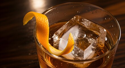 A close-up of a whiskey glass with a large ice cube and a twist of orange peel on a wooden table