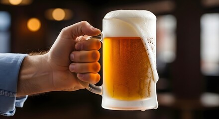 A person holding a frothy beer mug in a cozy bar setting, with warm lighting and blurred background