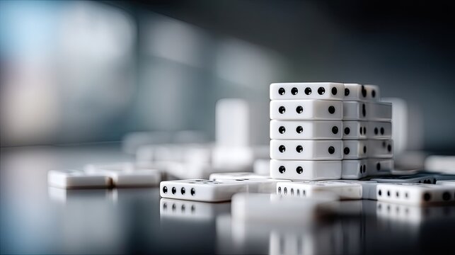 Scattered Domino Tiles Stacked and Piled on a Gray Reflective Surface with Blurred Background