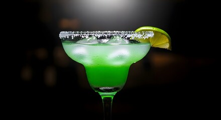 Refreshing green margarita cocktail served in a glass with lime garnish and salt rim, elegantly lit