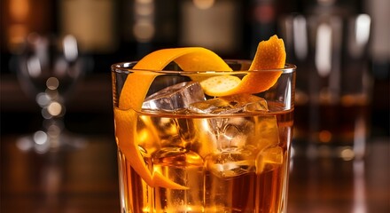 A close-up of a refreshing cocktail with ice and citrus garnish in a cozy bar setting