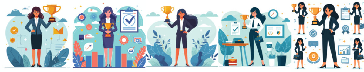 Business Woman Winning Trophy Vector Set &ndash; Achievement, Success, and Award Illustration