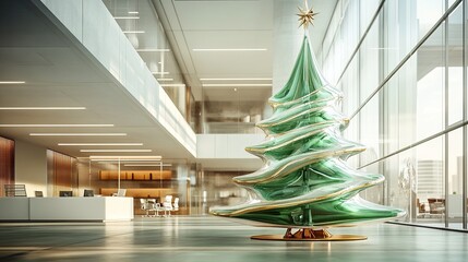 A minimalist yet luxurious holiday scene featuring a stunning abstract Christmas tree carved from translucent green glass and adorned with delicate white and gold accents.