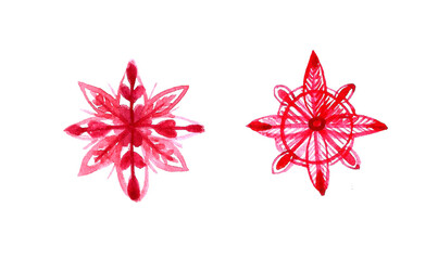 Two vibrant red stars display intricate designs, showcasing a blend of shapes and patterns perfect for festive decorations or art projects. Ideal for enhancing creativity.