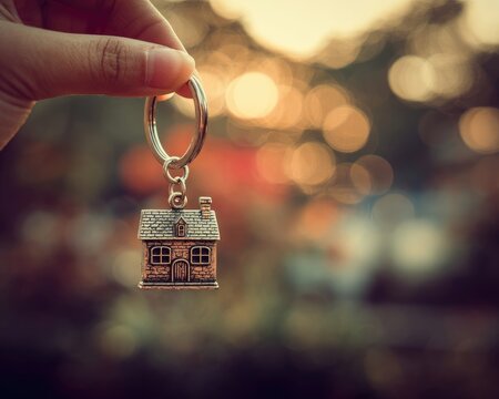 Hand Holding Miniature House Keychain Outdoor Golden Light